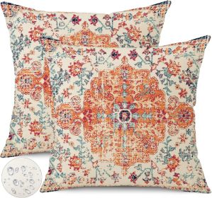 Outdoor Waterproof Pillow Covers 18X18 Inch Set of 2 - Bohemian Vintage Carpet Pattern Orange Blue Ethnic Design Decorative Farmhouse for Couch G